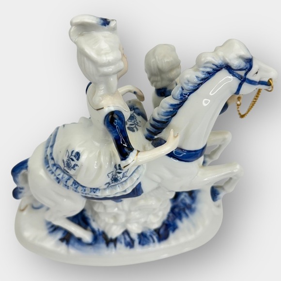 Vintage Porcelain Horse Rider & Handler Figurine Blue White Gold Trim 9 Inch - Picture 6 of 16